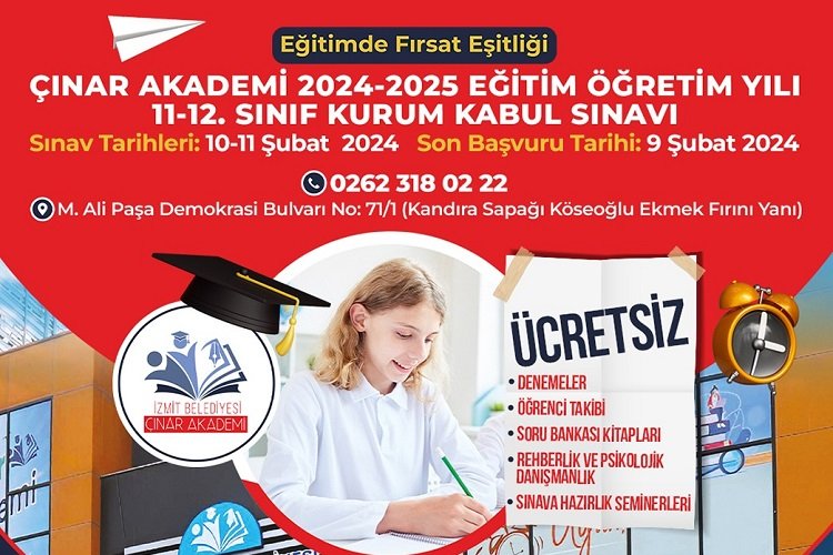 İzmit Çınar Akademi kabul sınavı yapacak -